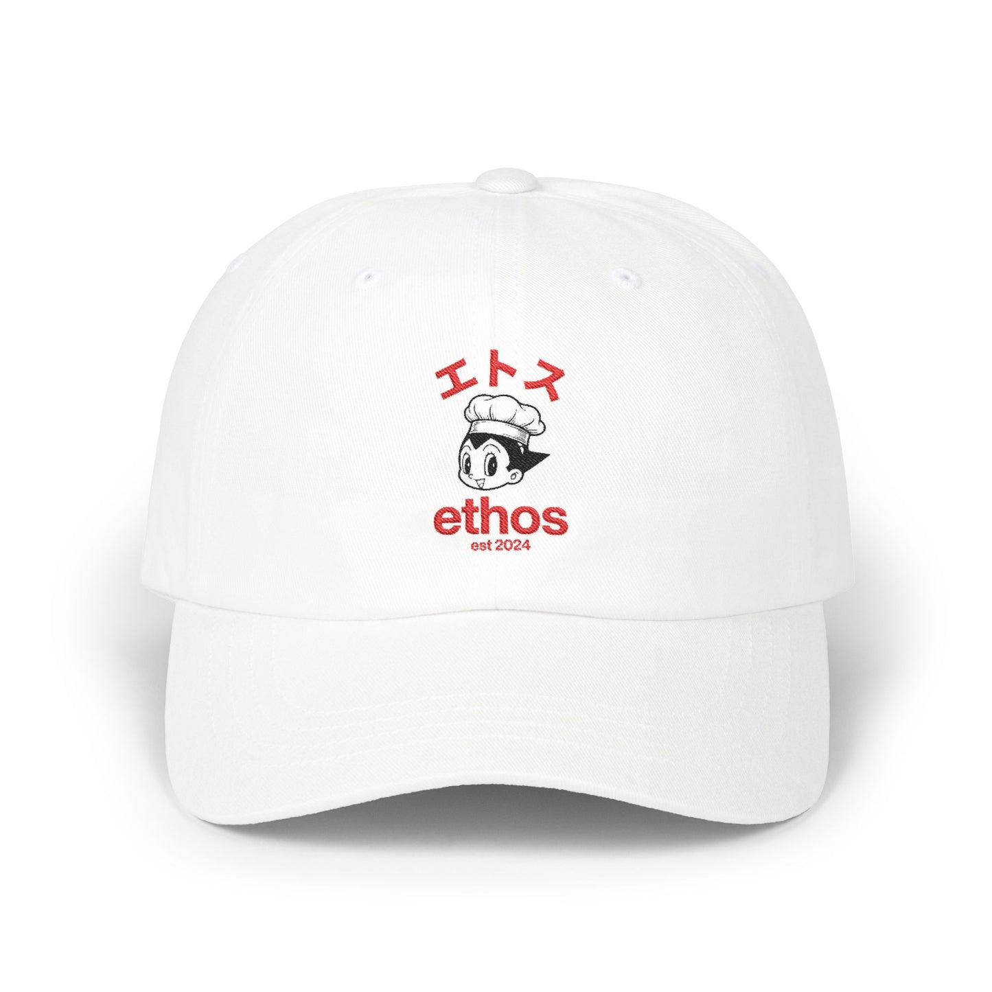 Ethos Retro Anime Dad Cap — White Embroidered Hat with Japanese Text