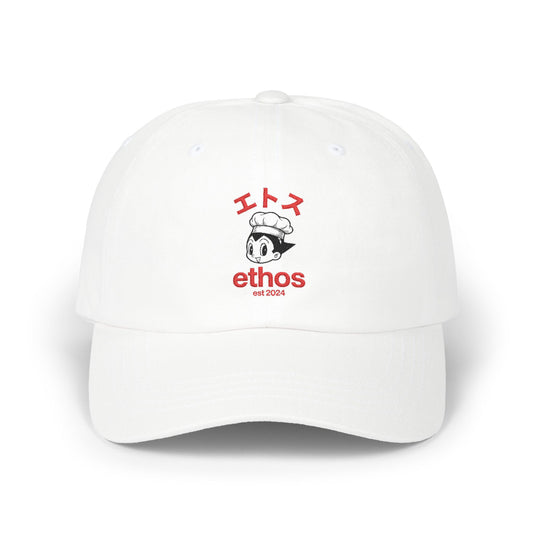 Ethos Retro Anime Dad Cap — White Embroidered Hat with Japanese Text