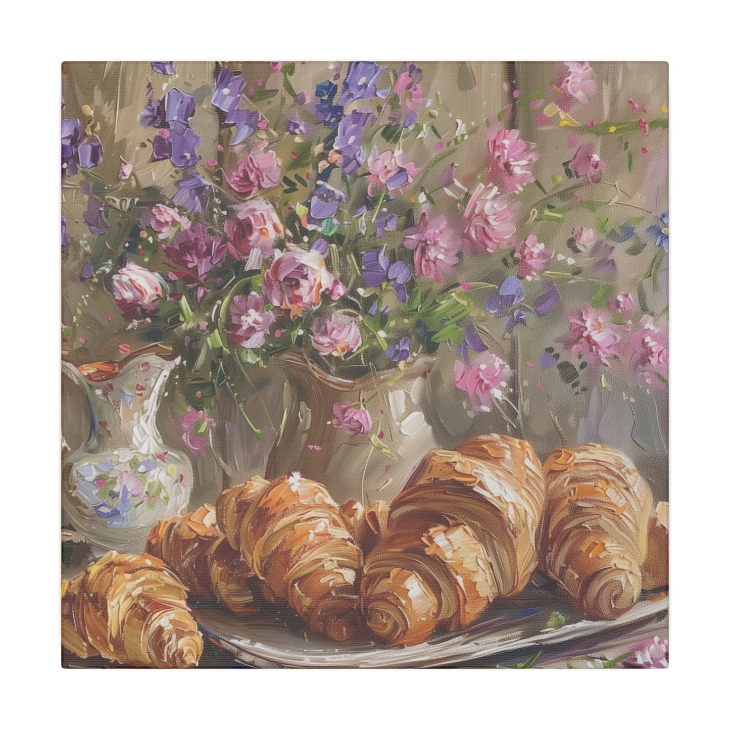 Purple Oxalis and Croissants on canvas