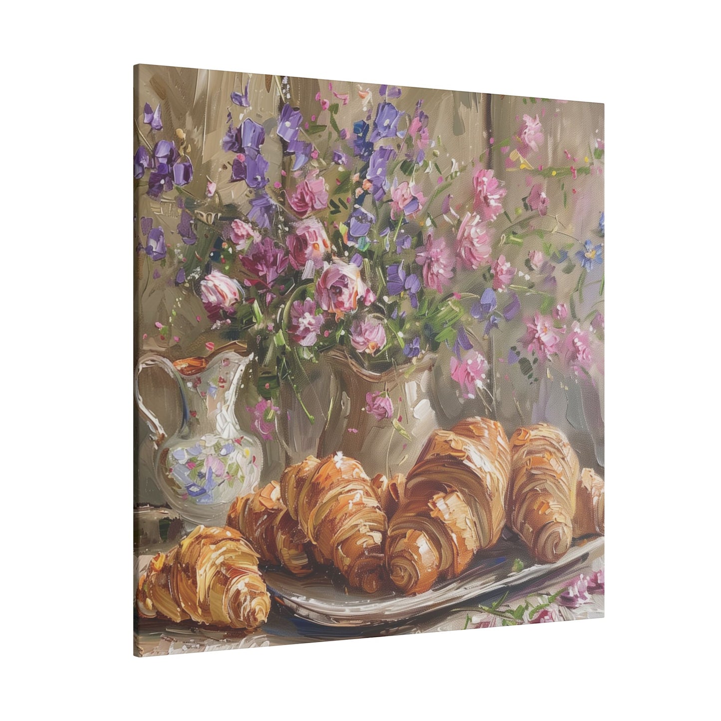 Purple Oxalis and Croissants on canvas