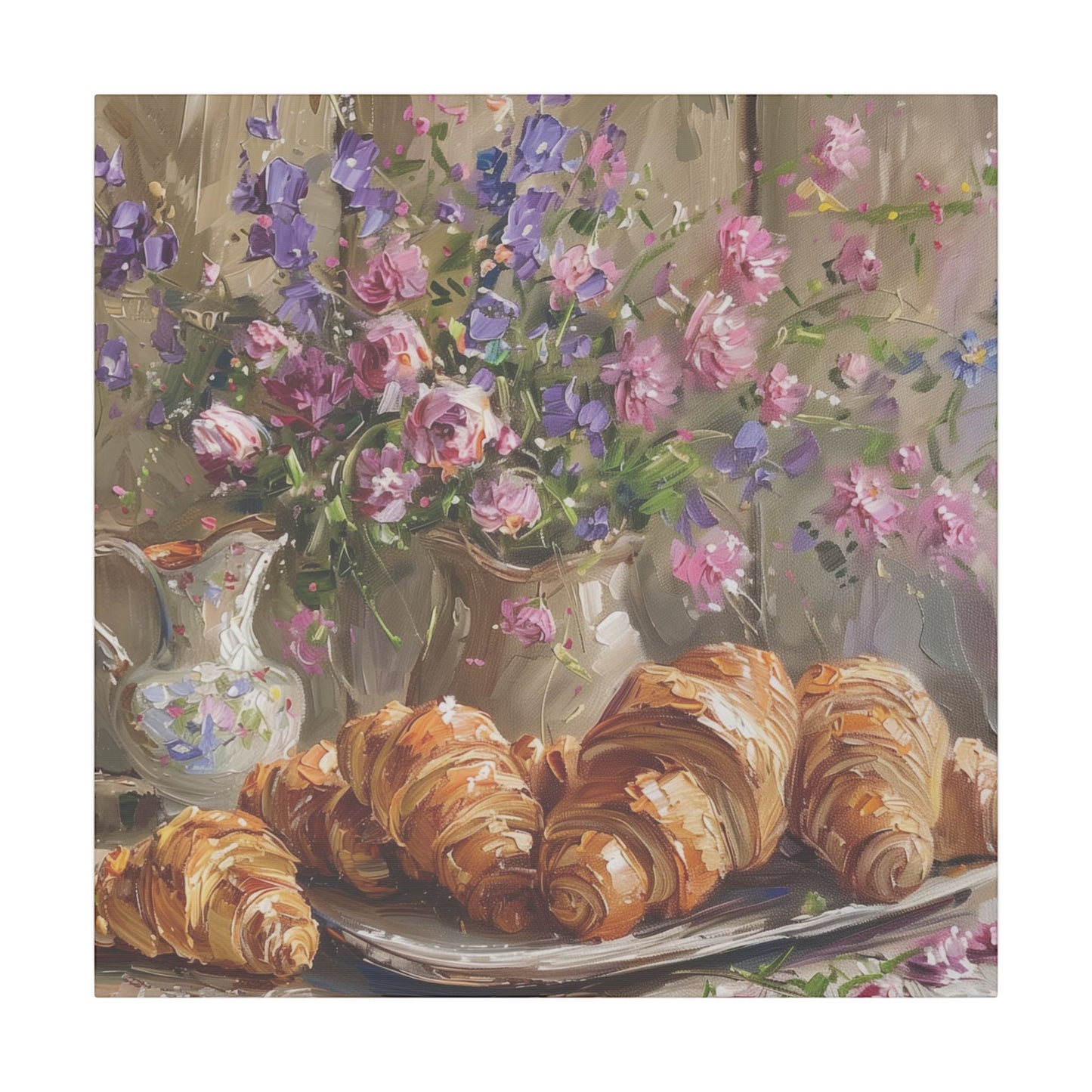 Purple Oxalis and Croissants on canvas