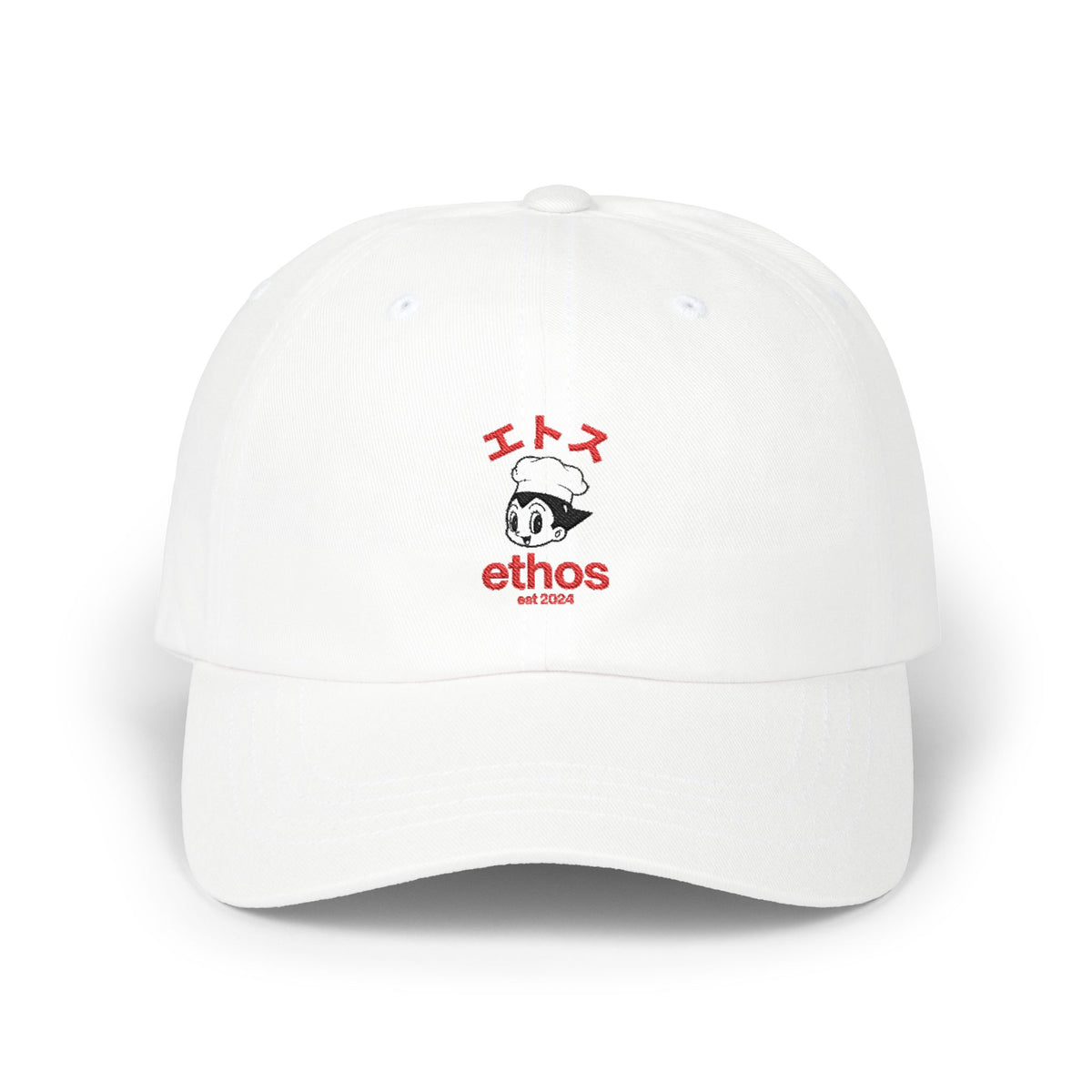 Ethos Retro Anime Dad Cap — White Embroidered Hat with Japanese Text