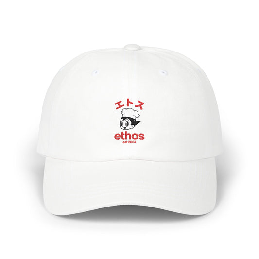 Ethos Retro Anime Dad Cap — White Embroidered Hat with Japanese Text