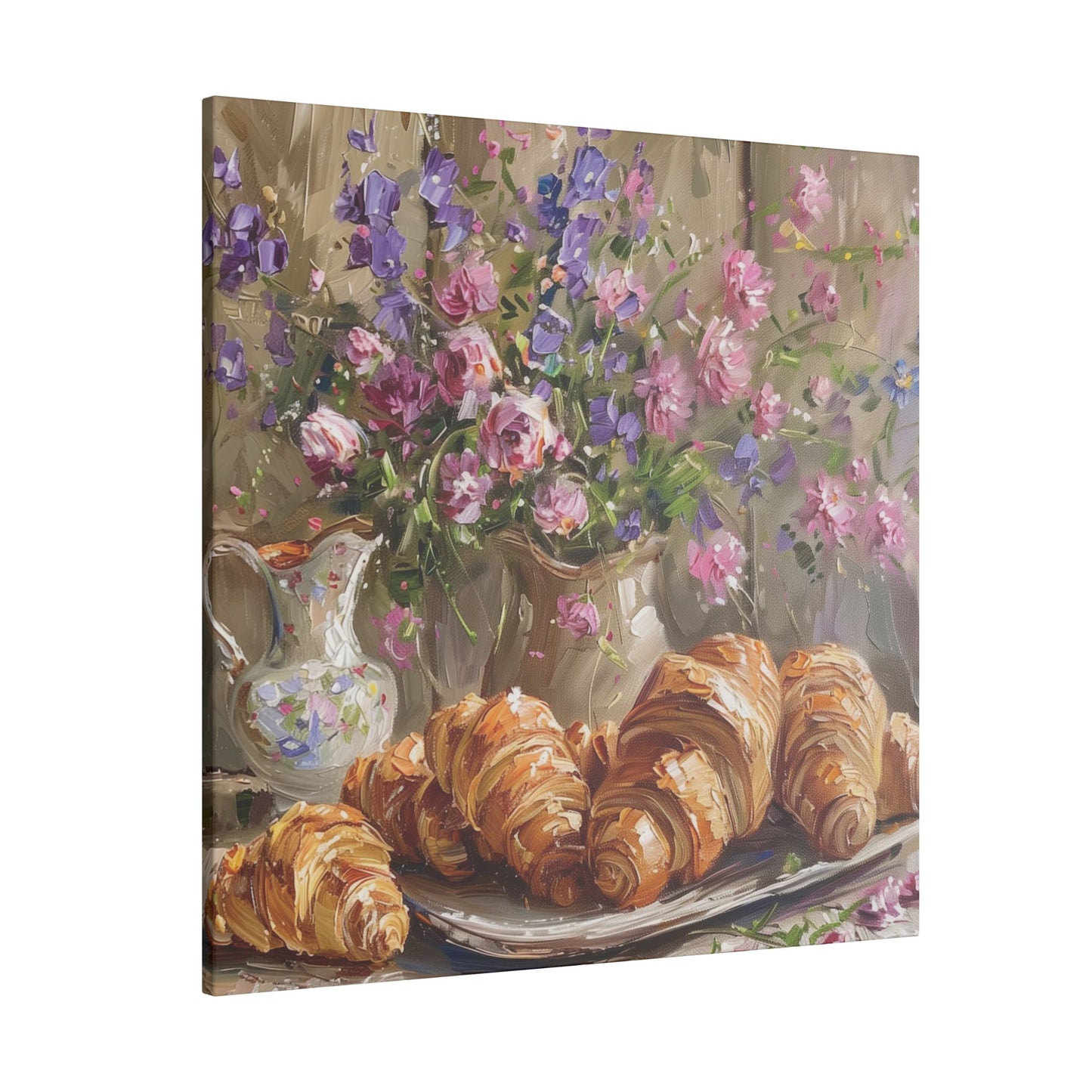 Purple Oxalis and Croissants on canvas