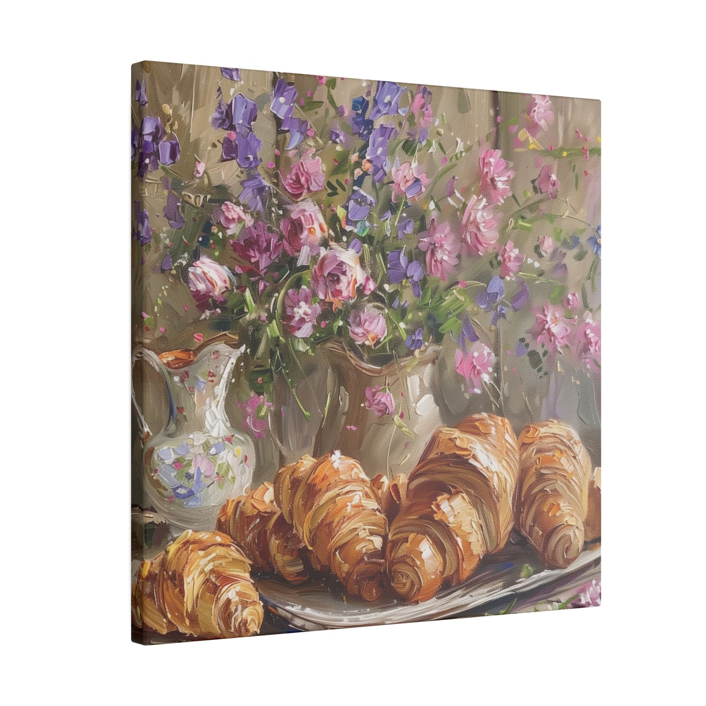 Purple Oxalis and Croissants on canvas